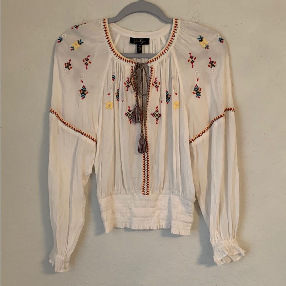 Jessica Simpson White Embroidered Long Sleeve Tie Front Blouse Top Size XS